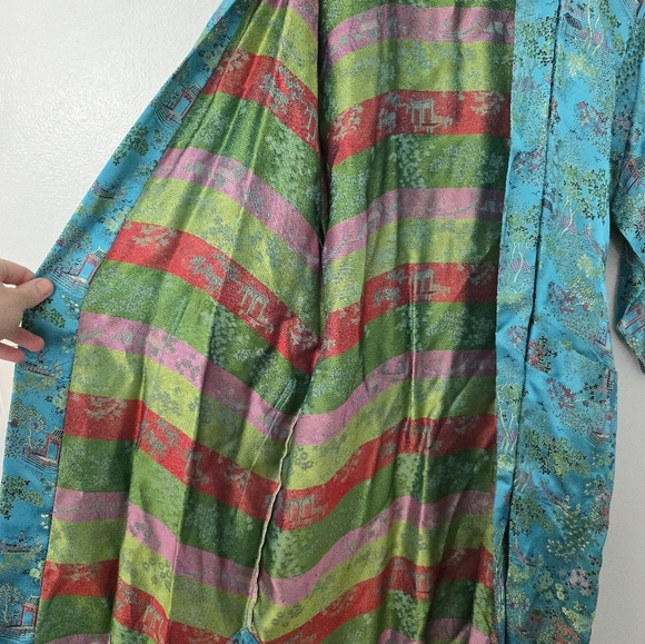 Peony Brand Kimono Robe Womens S Blue Satin Shanghai Vintage Chinese Jacket - Picture 6 of 14